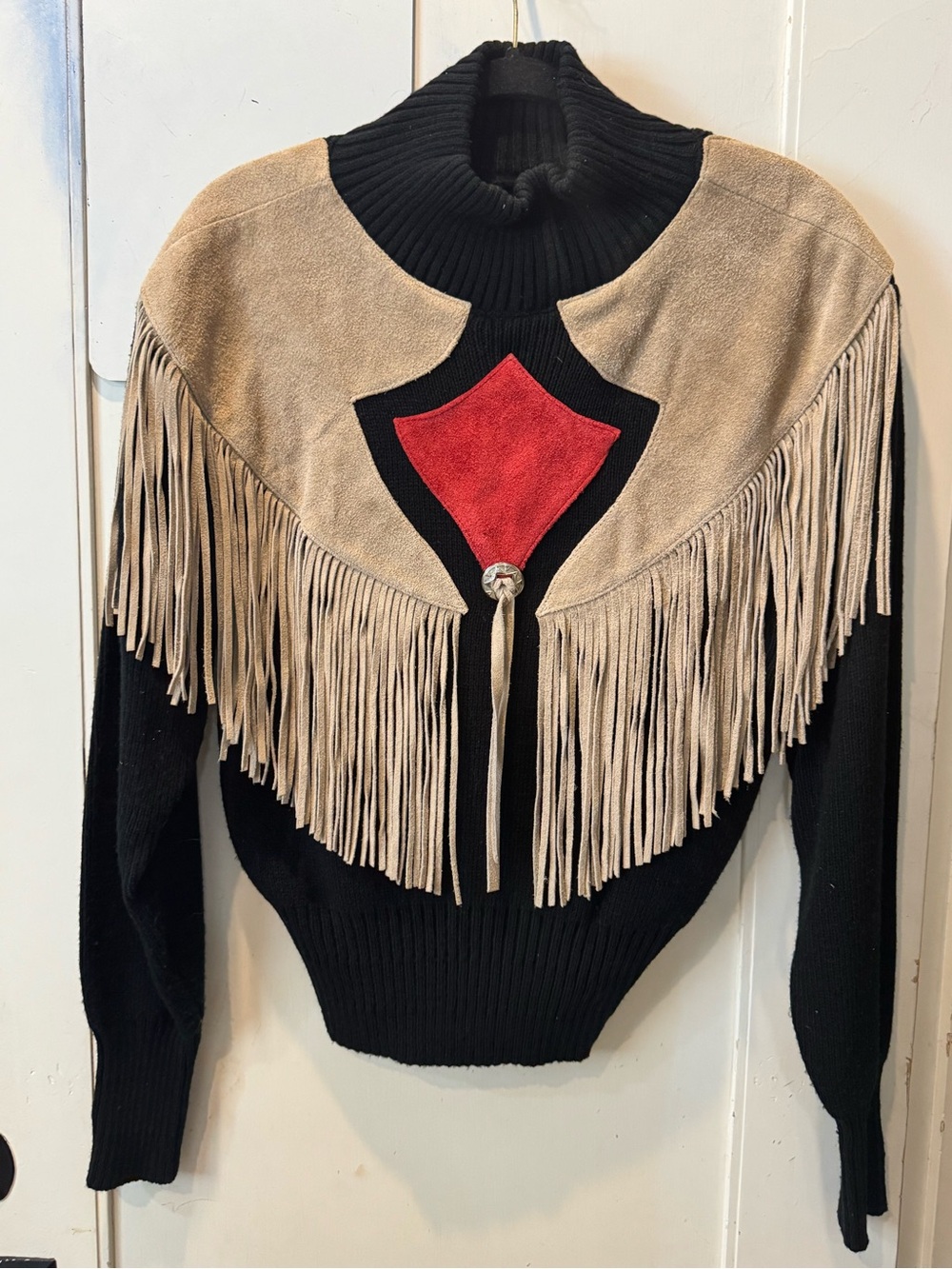Vintage Pioneer Wear Leather Turtleneck Fringe Sweater with Beige Suede